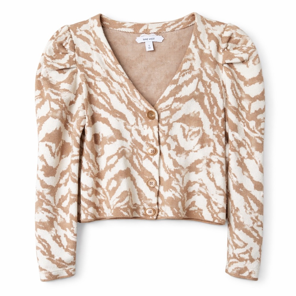 Nine West Zebra Print Cropped Cardigan Sweater Puff Shoulder Size S